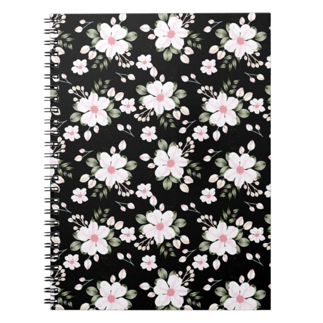Chic Black Watercolor Floral Pattern Notebook (Front)