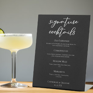 Chic Black Wedding Signature Cocktails Bar Menu Pedestal Sign