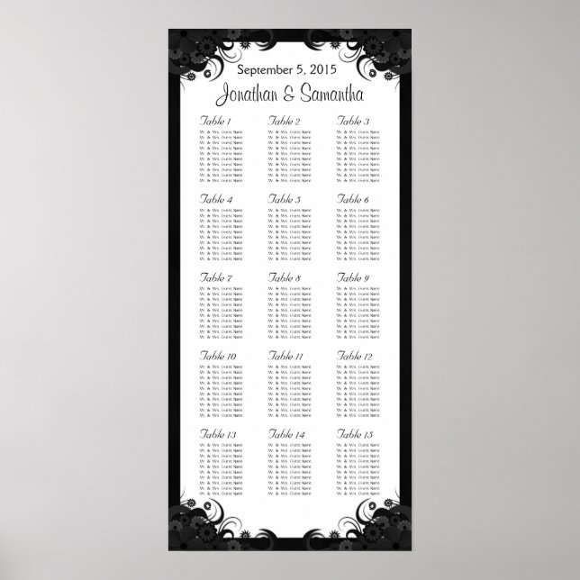 Chic Black & White 15 Wedding Tables Seating Chart (Front)