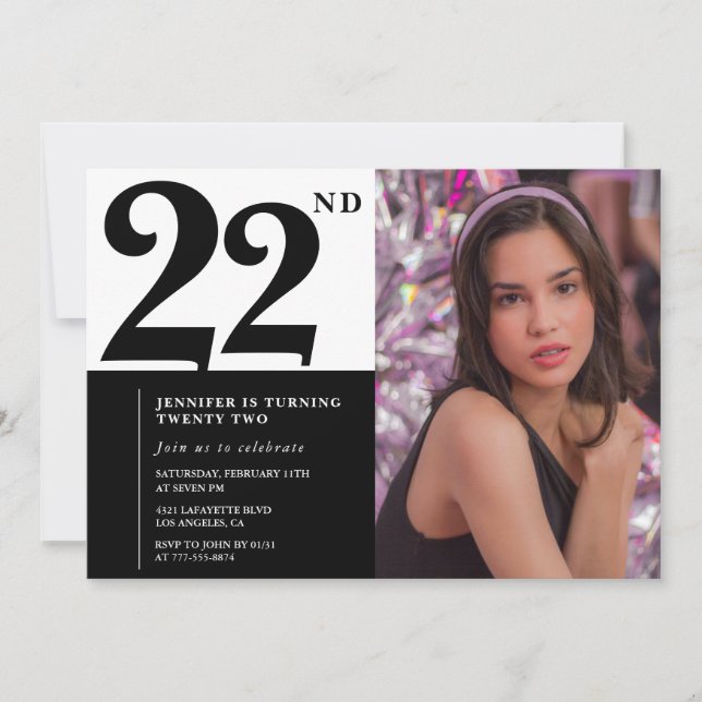 Chic Black White 22nd Birthday Invitations Photo (Front)