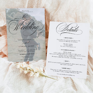 Chic Black white all in one script photo wedding Invitation