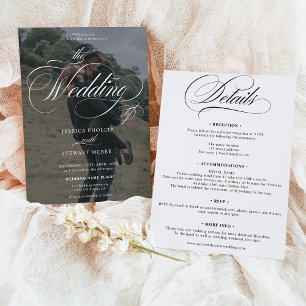 Chic Black white all in one script photo wedding Invitation