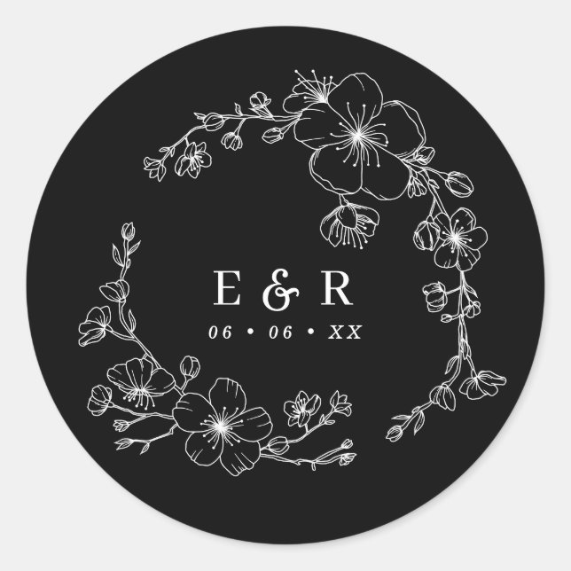Chic Black & White Blossom Monogram Wedding Classic Round Sticker (Front)