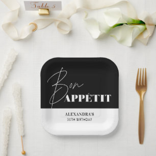 Chic Black White Bon Appétit Birthday  Paper Plate
