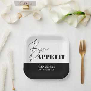 Chic Black White Bon Appétit Script Birthday Paper Plate