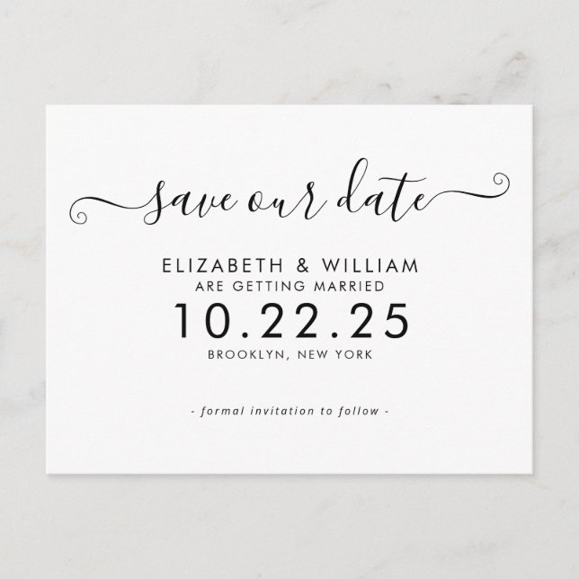 Chic Black White Calligraphy Wedding Save the Date Invitation Postcard (Front)