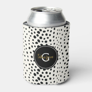 Chic black white cheetah print pattern monogram can cooler