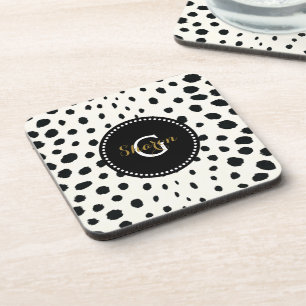 Chic black white cheetah print pattern monogram coaster