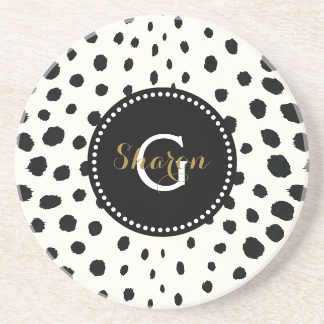 Chic black white cheetah print pattern monogram coaster (Front)