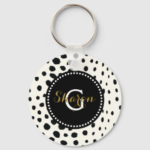 Chic black white cheetah print pattern monogram key ring