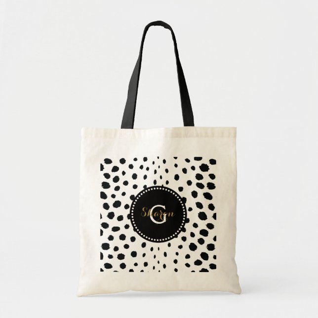Chic black white cheetah print pattern monogram tote bag (Front)