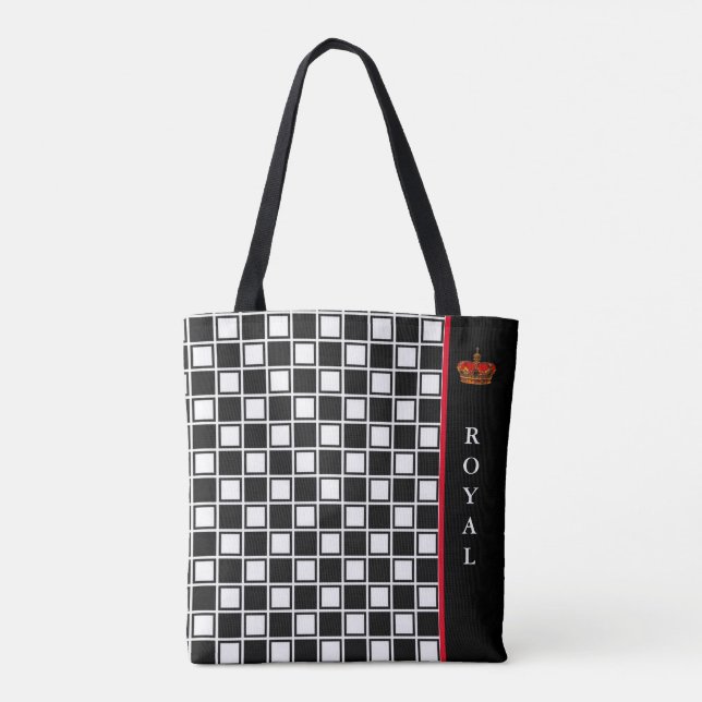 Chic black, & white chequered & calligraphy tote bag (Back)