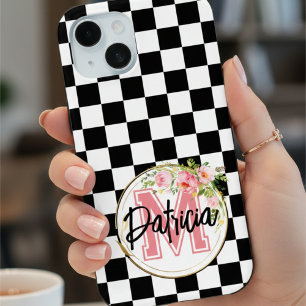Chic Black & White Chequered Monogrammed Pink Flow iPhone 15 Case
