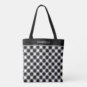 Chic black white chess pattern and calligraphy tote bag