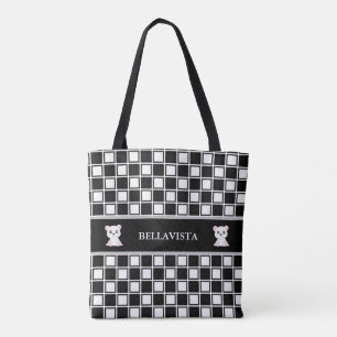 Chic black white chess pattern and polar bears tote bag