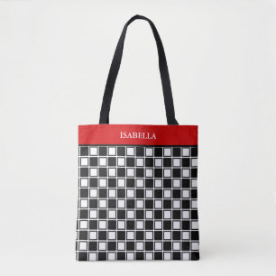 Chic black white chess pattern and red band tote bag