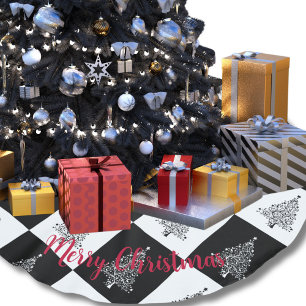 Chic Black White Christmas Trees Chequered Pattern Brushed Polyester Tree Skirt