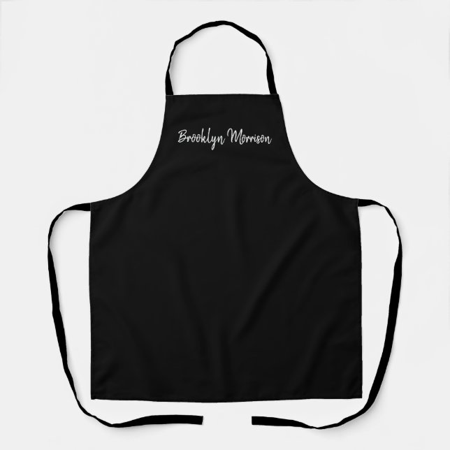 Chic black & white custom casual script name text  apron (Front)