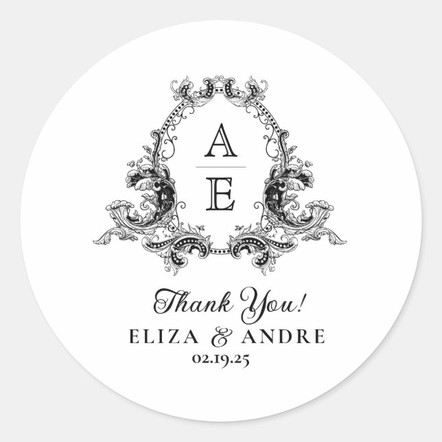 Chic Black White Custom Monogram Wedding Sticker (Front)