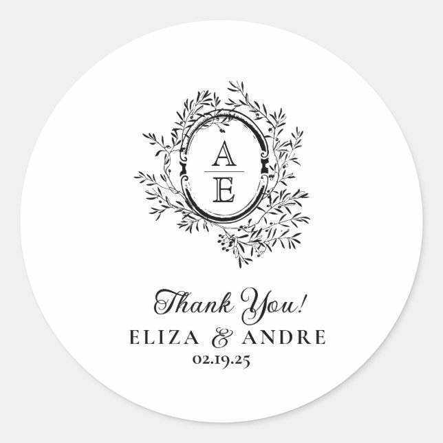 Chic Black White Custom Monogram Wedding Sticker (Front)