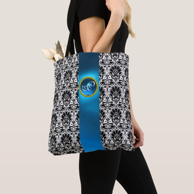 CHIC BLACK WHITE DAMASK ,BLUE  GEMSTONE MONOGRAM TOTE BAG (Close Up)