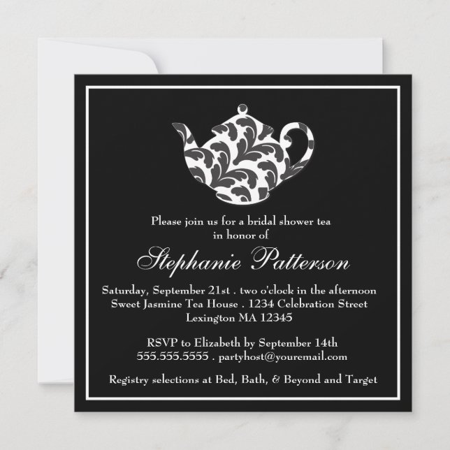 Chic Black & White Damask Bridal Shower Tea Party Invitation (Front)