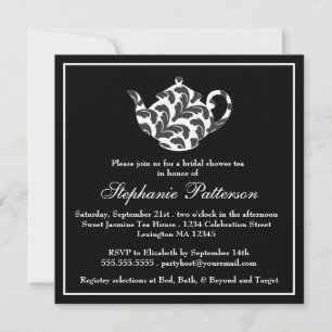 Chic Black & White Damask Bridal Shower Tea Party Invitation