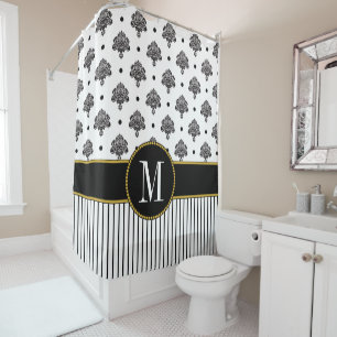Chic Black White Damask Dots Stripes Monogram Shower Curtain