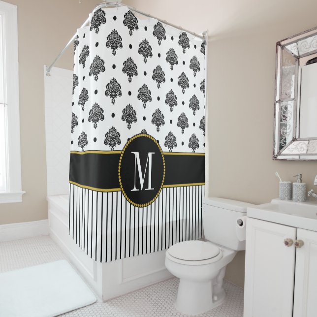 Chic Black White Damask Dots Stripes Monogram Shower Curtain (In Situ)