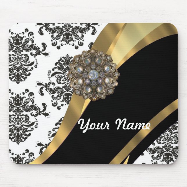 Chic black & white damask & gold mouse mat (Front)