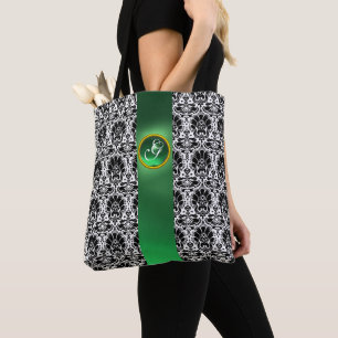 CHIC BLACK WHITE DAMASK JADE GREEN GEM MONOGRAM TOTE BAG