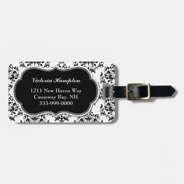 Chic Black & White Damask Luggage Tag (Front Horizontal)