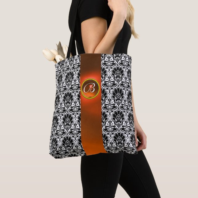 CHIC BLACK WHITE DAMASK ,ORANGE GEMSTONE MONOGRAM TOTE BAG (Close Up)