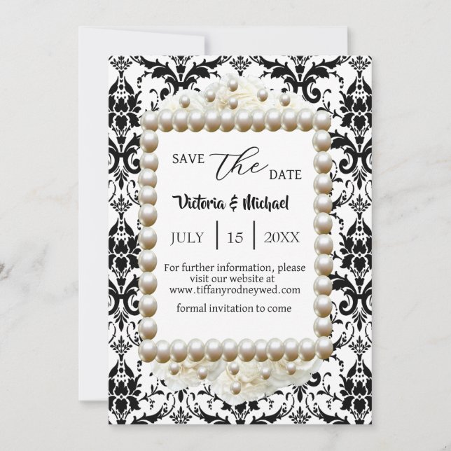 Chic Black $ White Damask Pearl  Save-The-Date Invitation (Front)