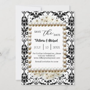 Chic Black $ White Damask Pearl  Save-The-Date Invitation