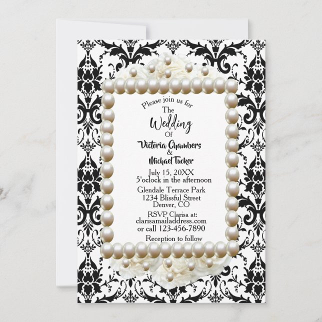 Chic Black $ White Damask Pearl Wedding Invitation (Front)