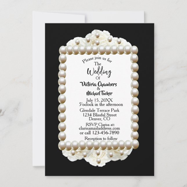 Chic Black $ White Damask Pearl Wedding Invitation (Front)