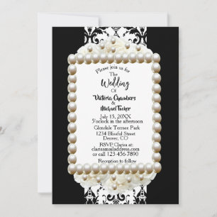 Chic Black $ White Damask Pearl Wedding Invitation