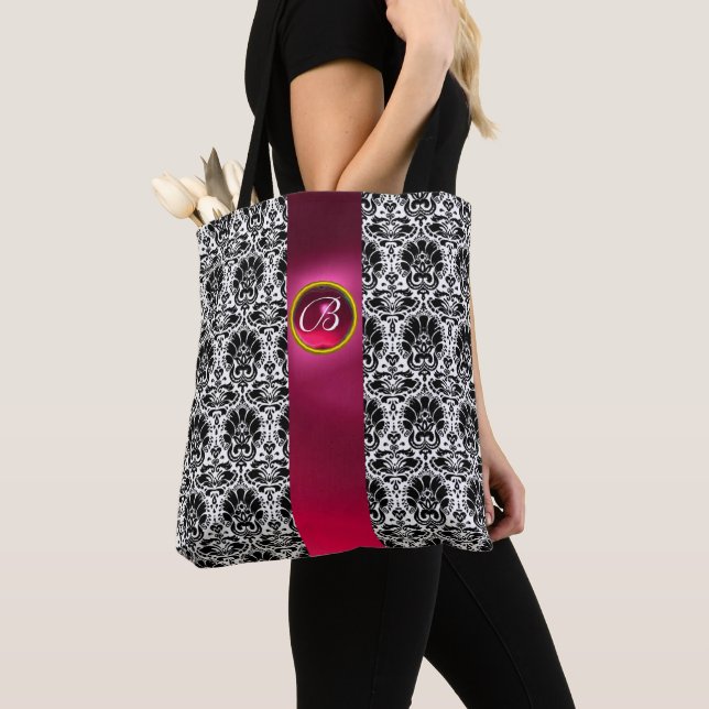 CHIC BLACK WHITE DAMASK ,PINK FUCHSIA GEM MONOGRAM TOTE BAG (Close Up)