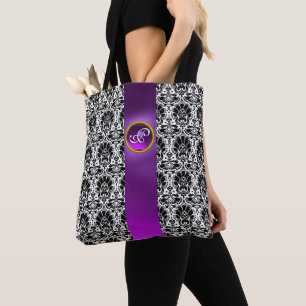 CHIC BLACK WHITE DAMASK ,PURPLE GEMSTONE MONOGRAM TOTE BAG