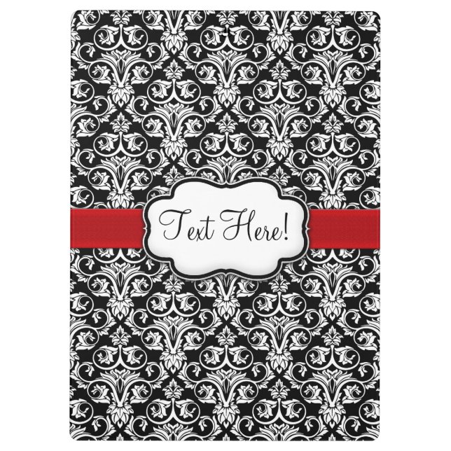 Chic Black/White Damask Red Ribbon Clipboard (Back)