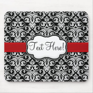 Chic Black/White Damask Red Ribbon Mouse Mat