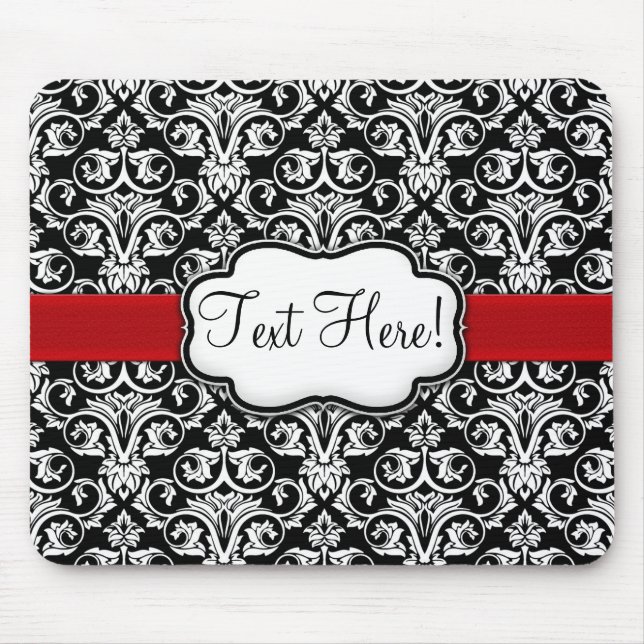 Chic Black/White Damask Red Ribbon Mouse Mat (Front)