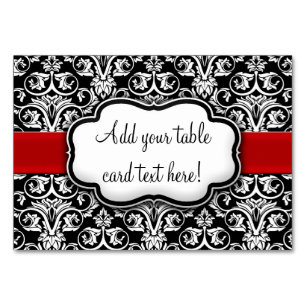 Chic Black/White Damask Red Ribbon Table Number