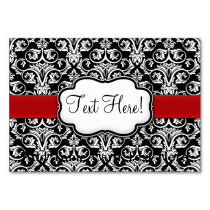 Chic Black/White Damask Red Ribbon Table Number