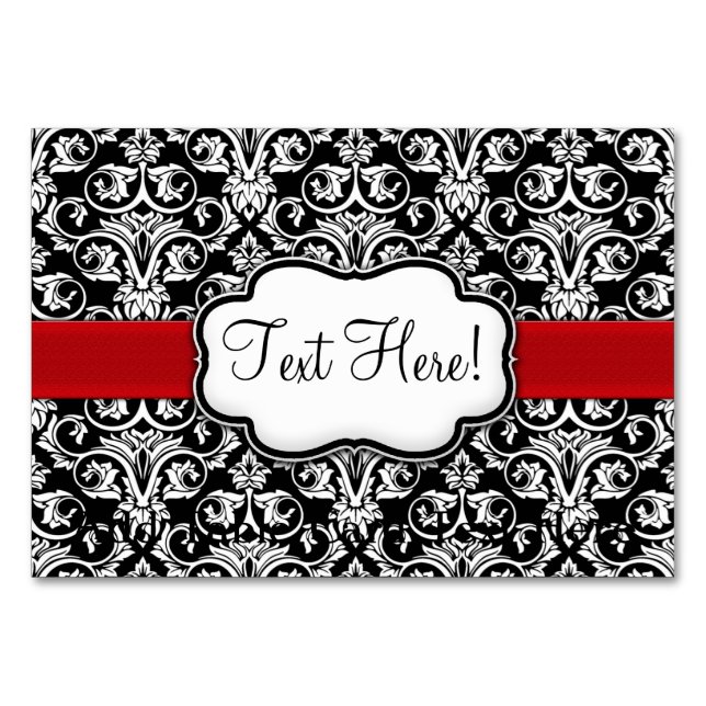 Chic Black/White Damask Red Ribbon Table Number (Front)