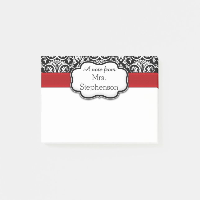 Chic Black/White Damask Red Ribbon Teacher/Women's Post-it Notes (Front)