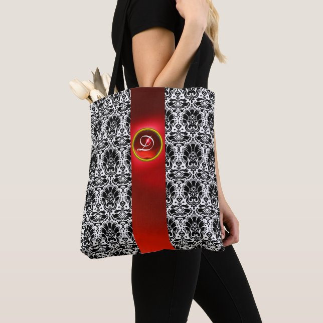 CHIC BLACK WHITE DAMASK RED RUBY GEMSTONE MONOGRAM TOTE BAG (Close Up)