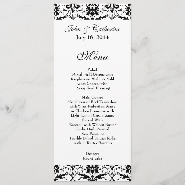 Chic Black & White Damask Wedding Table Menu (Front)