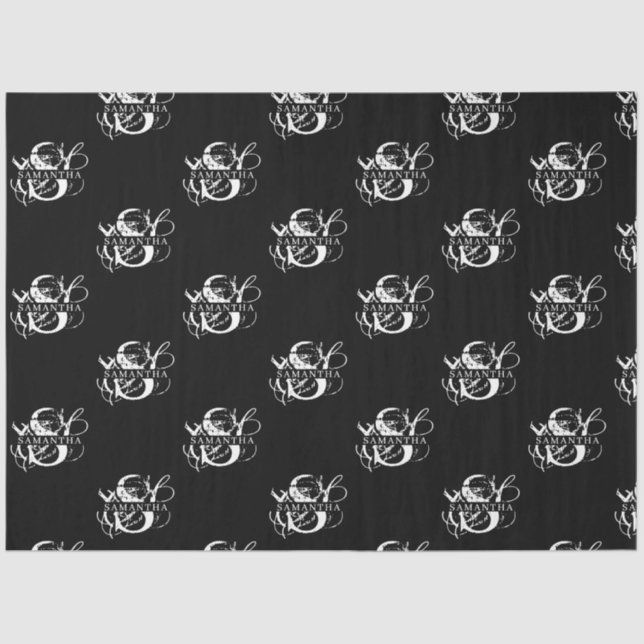 Chic Black & White Distressed Script Monogram Tissue Paper (Front)